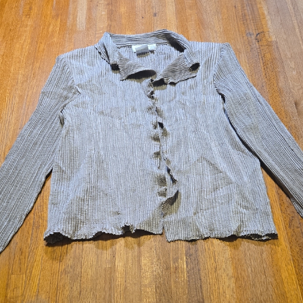 Vtg Great Cavalier Women‎ Large Beige Ribbed Open Front Shoulder Pads Cardigan